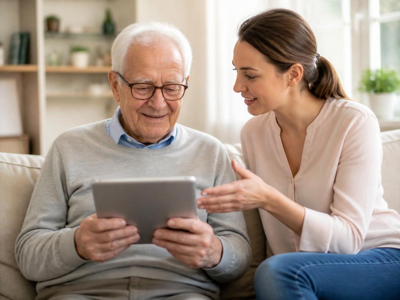Un accompagnateur Somélio explique une tablette à un senior