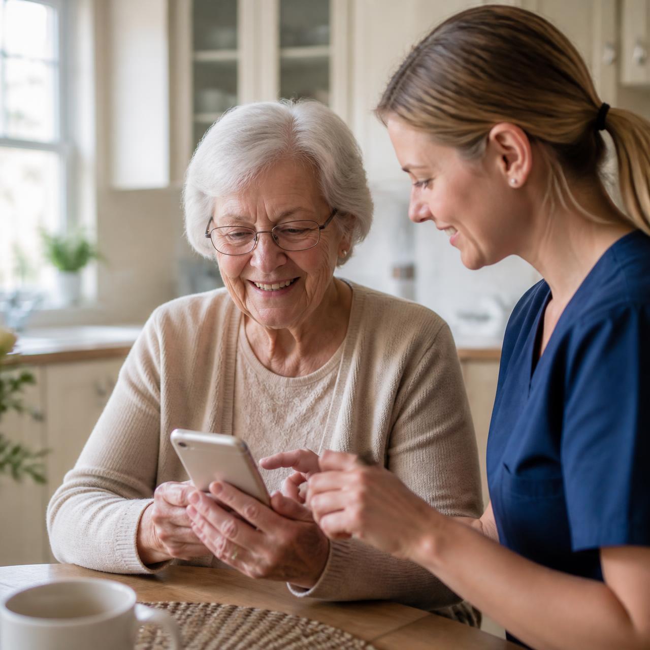 Une senior souriante apprend à utiliser son smartphone avec une accompagnatrice Somélio à Vannes